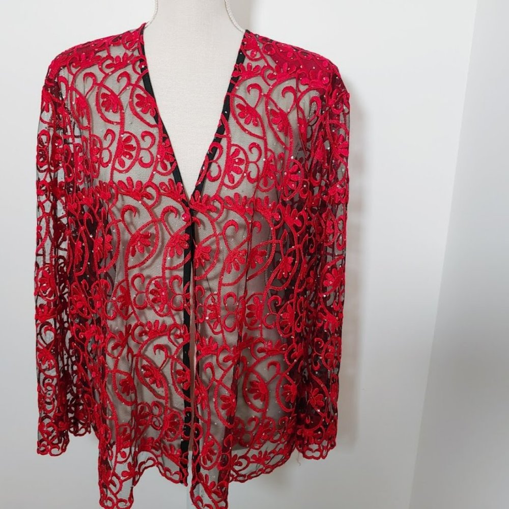 Woman's Maxima Red & Black Sheer Dressy Light Weight Jacket 2XL. One button clos